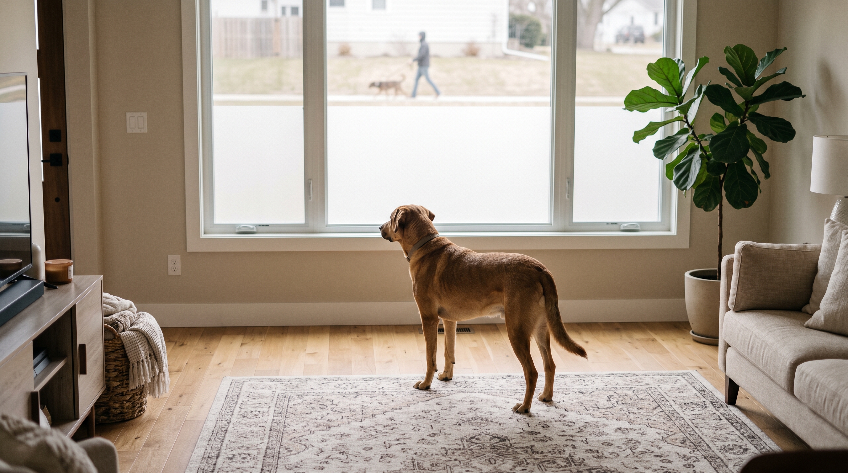 Dog calmly observing the room away from a partially covered front window