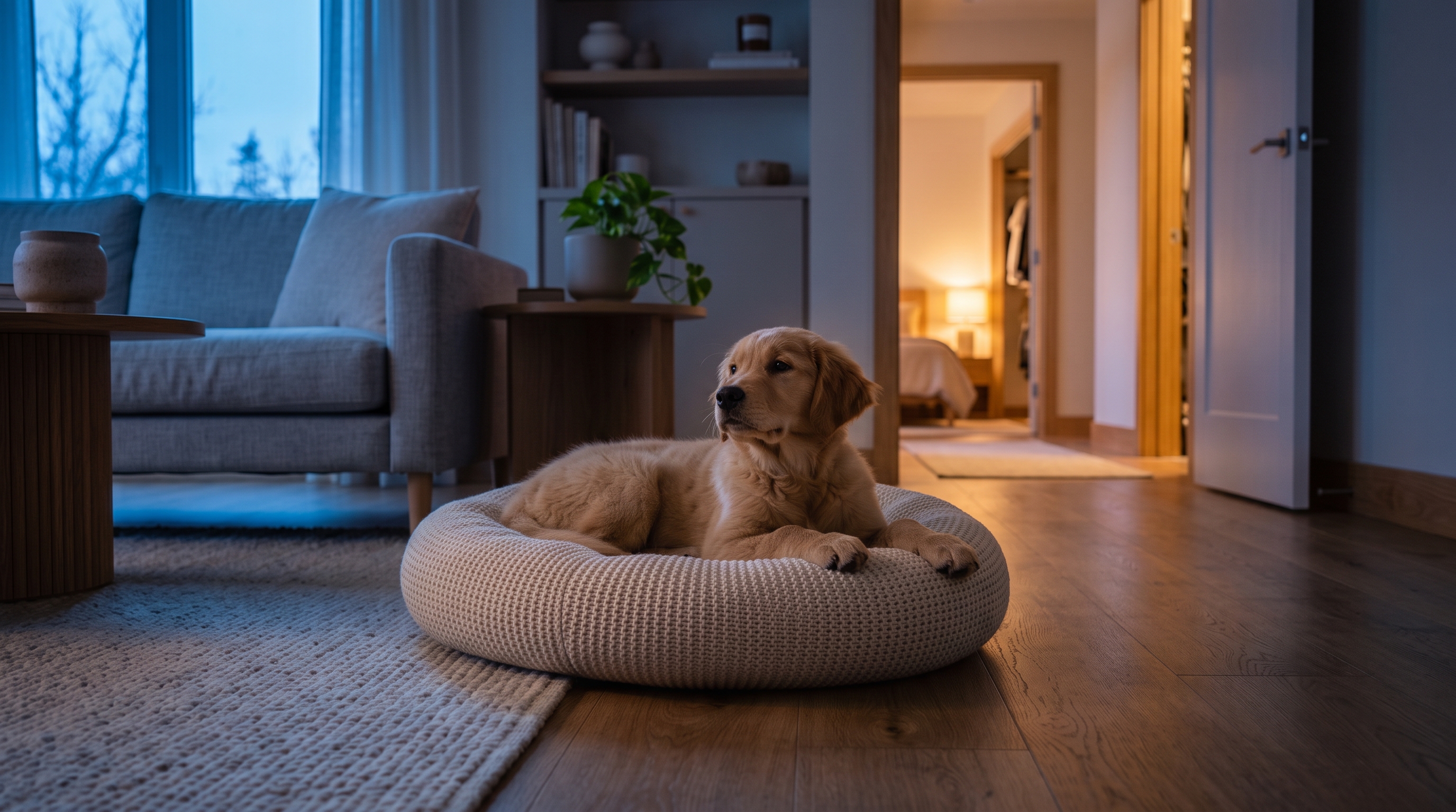 Dog awake on its bed at night looking toward a bedroom doorway