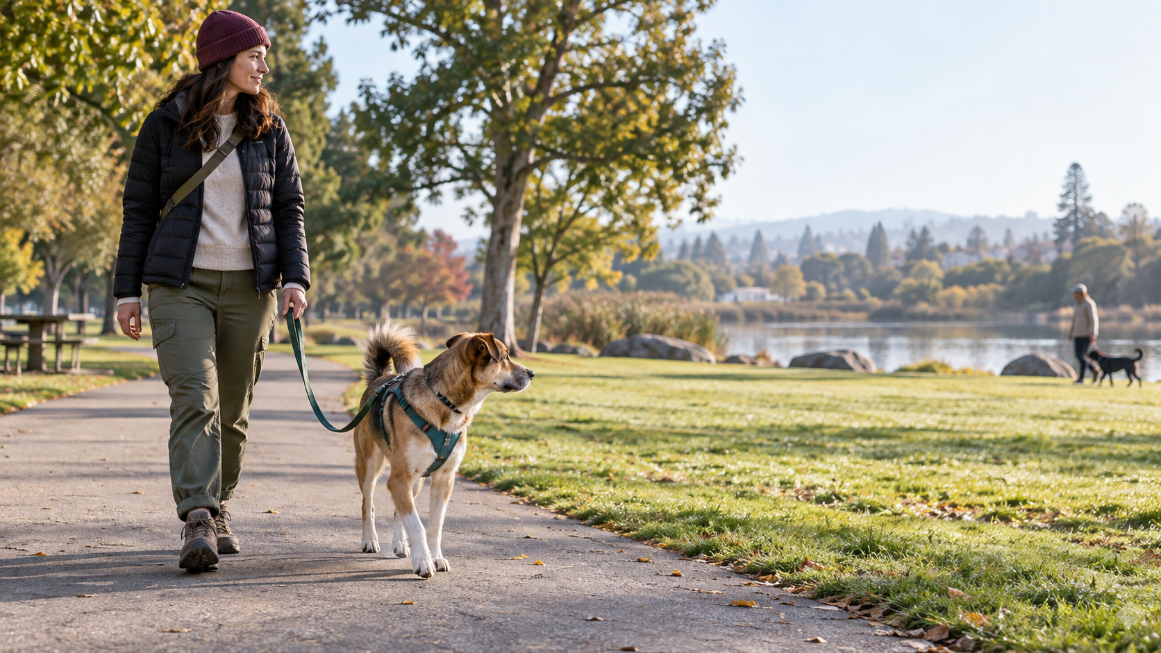 Reactive dog walking calmly at a safe distance from another dog