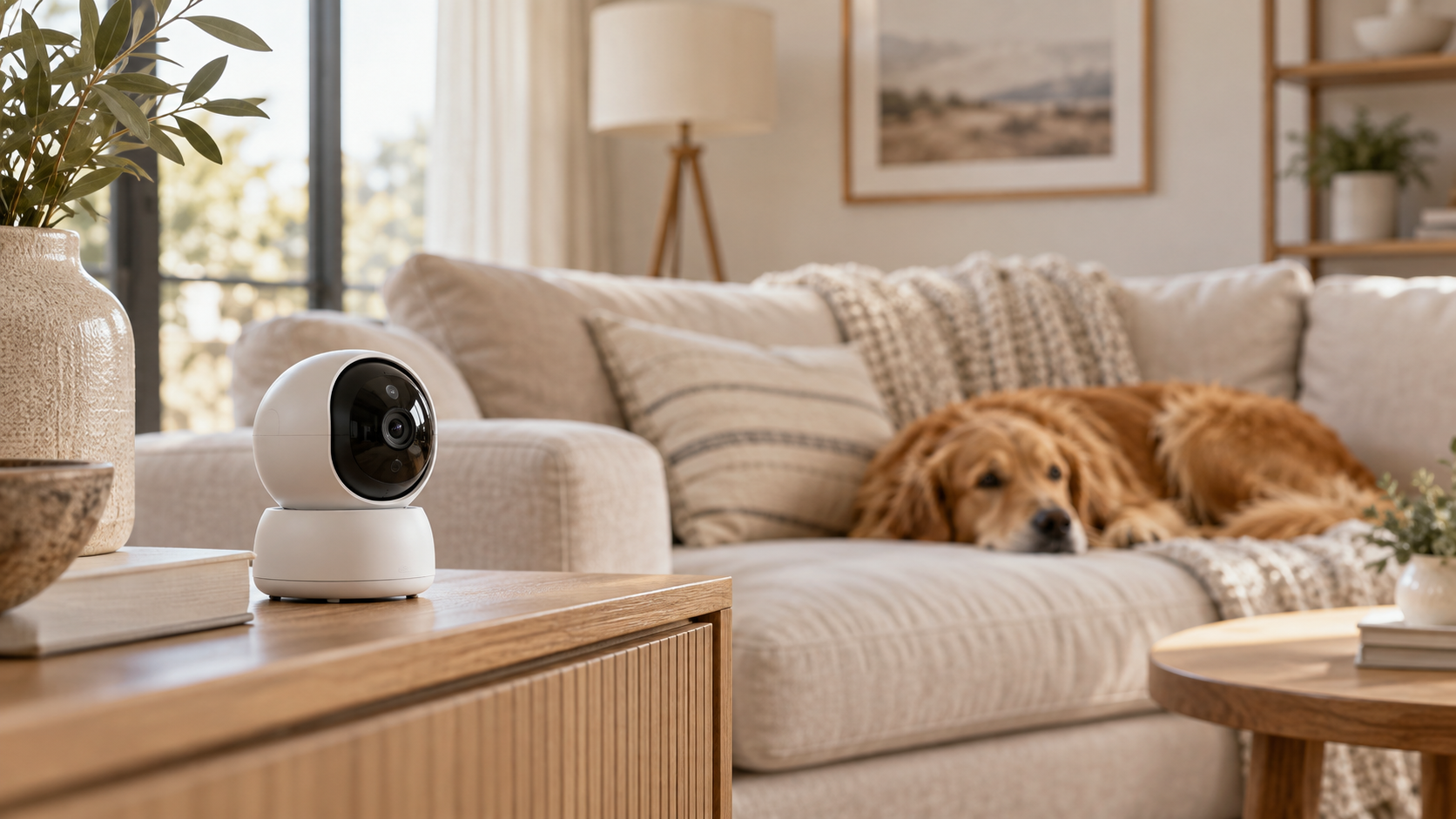 Pet camera monitoring a relaxed dog resting at home during alone-time training