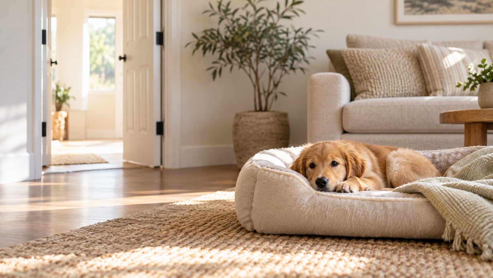 Young puppy relaxing independently on a bed during gentle alone-time practice