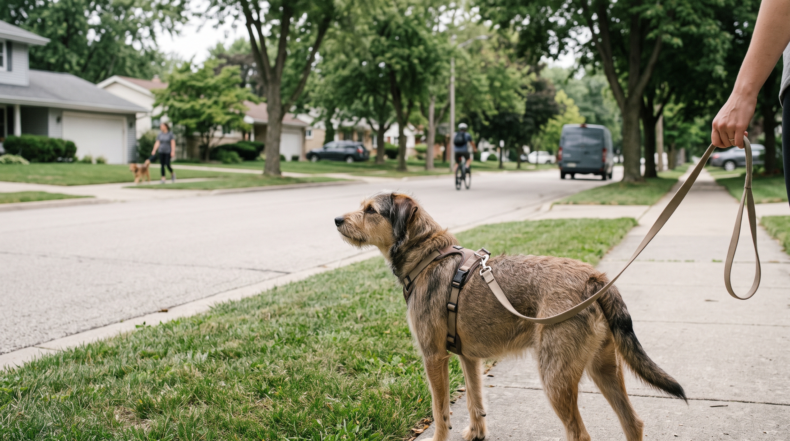 Reactive dog noticing several distant triggers during a quiet neighborhood walk